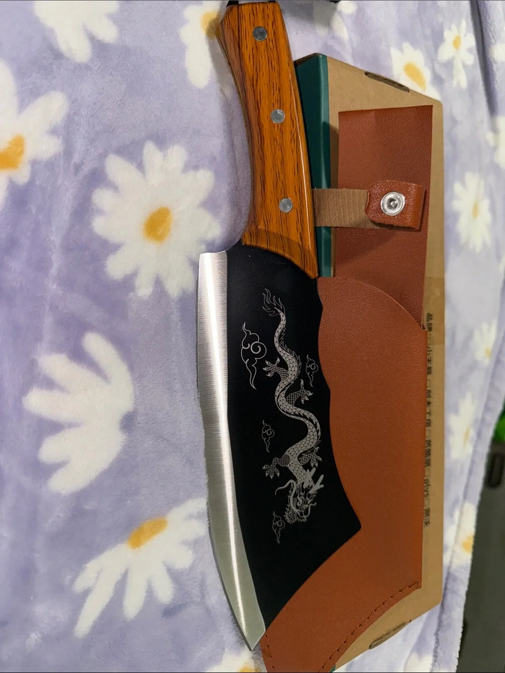 Wood-Handle Cleaver Knife with Dragon Etching — Brown